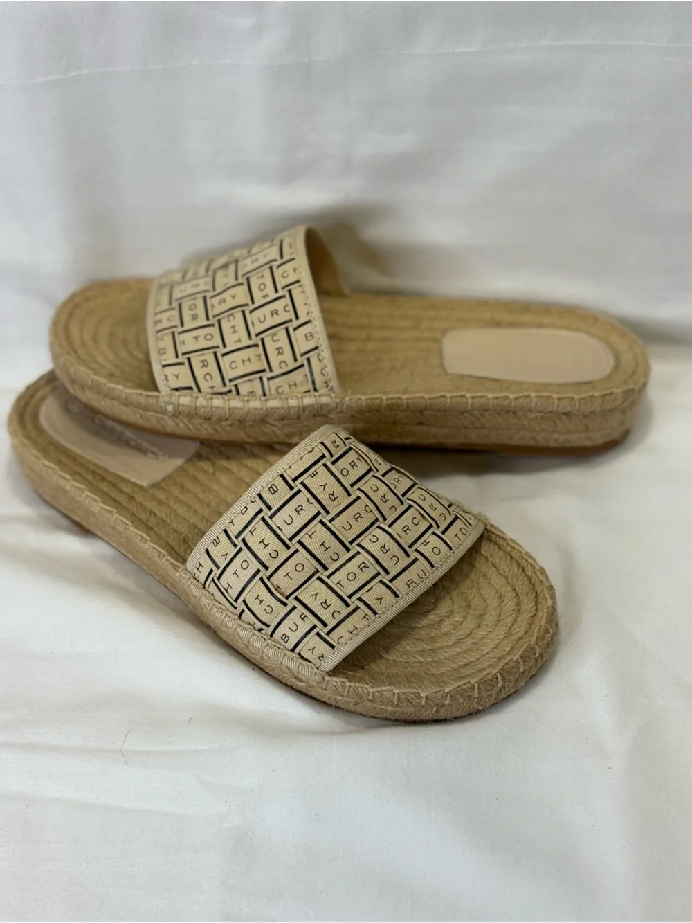 Tory Burch Tan Logo-Print Woven Espadrille Slide Sandals SZ 7.5 VGC $265